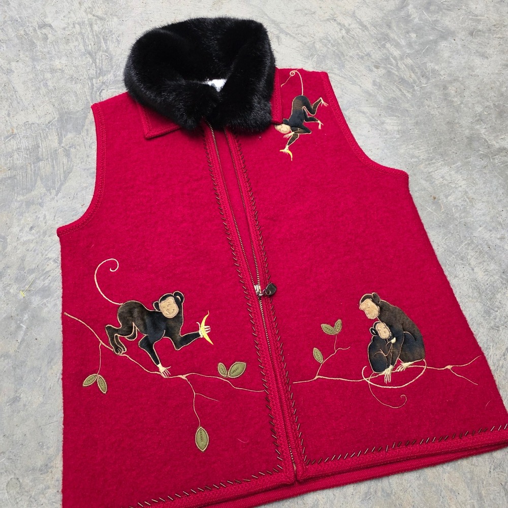 Lisa International Red Wool‎ Vest Black Fur Collar Monkey Women Size Small